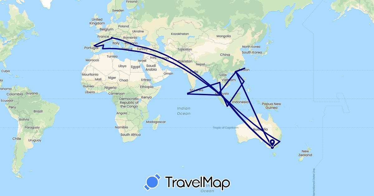TravelMap itinerary: driving in Australia, Switzerland, China, Spain, Greece, Indonesia, Italy, Maldives, Malaysia, Philippines, Singapore, Thailand, Turkey, Taiwan (Asia, Europe, Oceania)
